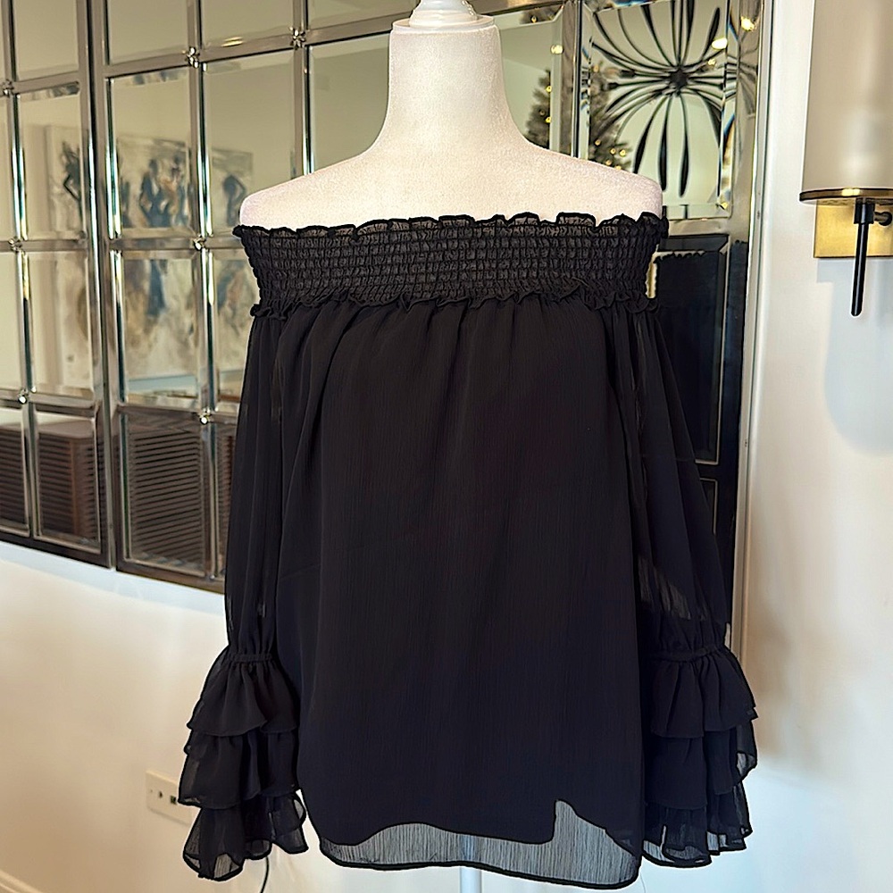 CeCe Black Blouse, Flutter Sleeves. Smocked Ruffled Neckline, Size M. Date night